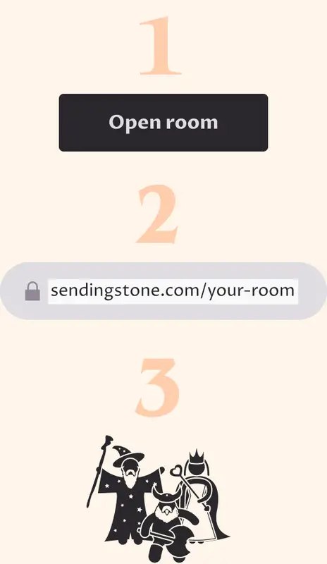 Illustration of open room button, copy URL, and a party venturing forth